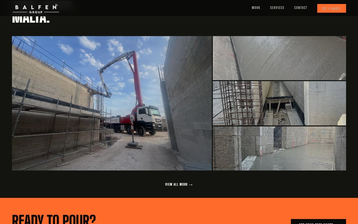 Work showcase — high-quality pour photography with project specs and surface finish details.