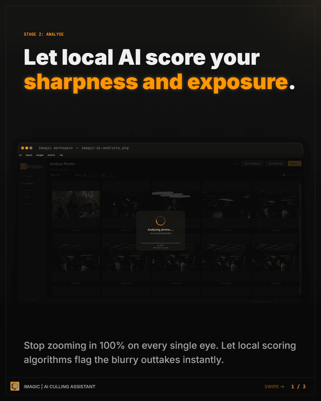 Imagic.ink — AI Culling carousel. Hook slide showcasing the auto-cull feature from brand guidelines.
