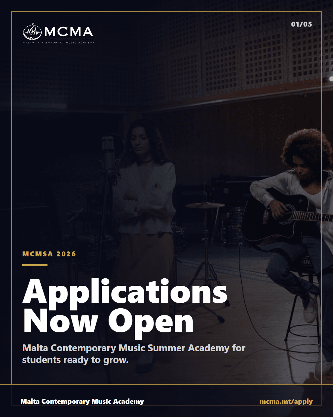 MCMA — Applications Now Open. Cover slide auto-generated from the Academy's brand identity.
