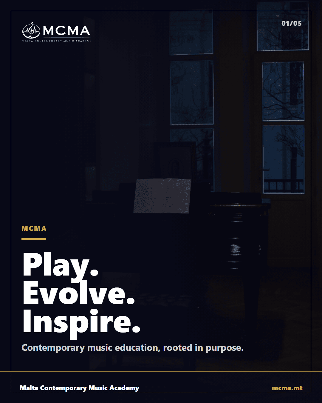 MCMA — Play, Evolve, Inspire. Brand values carousel generated from the Academy's mission statement.