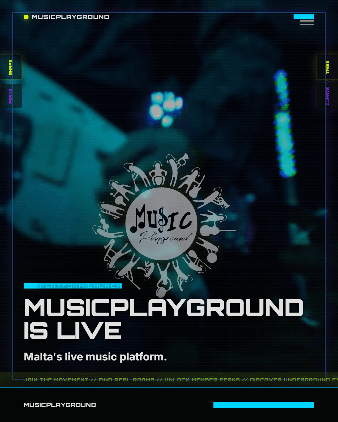 MusicPlayground — Platform Launch carousel cover slide with brand photography and on-identity typography.