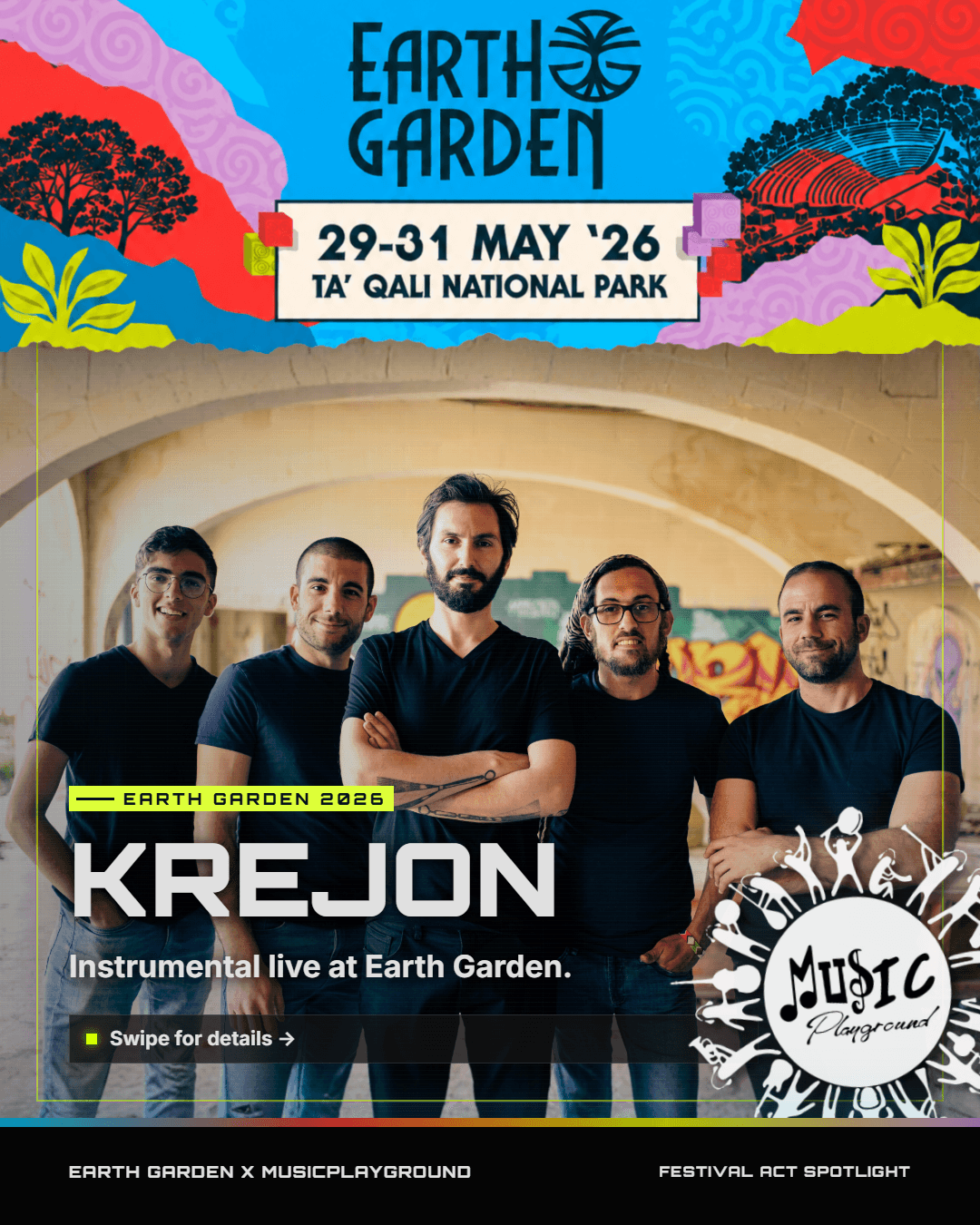 MusicPlayground — Earth Garden: Krejon. Artist spotlight carousel generated from artist bio and event brief.