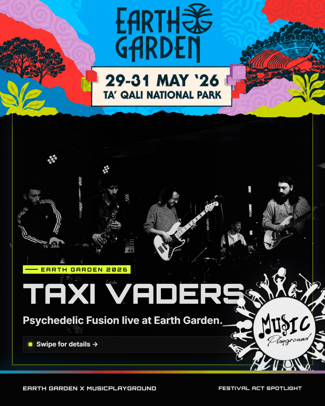 MusicPlayground — Earth Garden: Taxi Vaders. Artist announcement carousel cover for the Earth Garden festival.