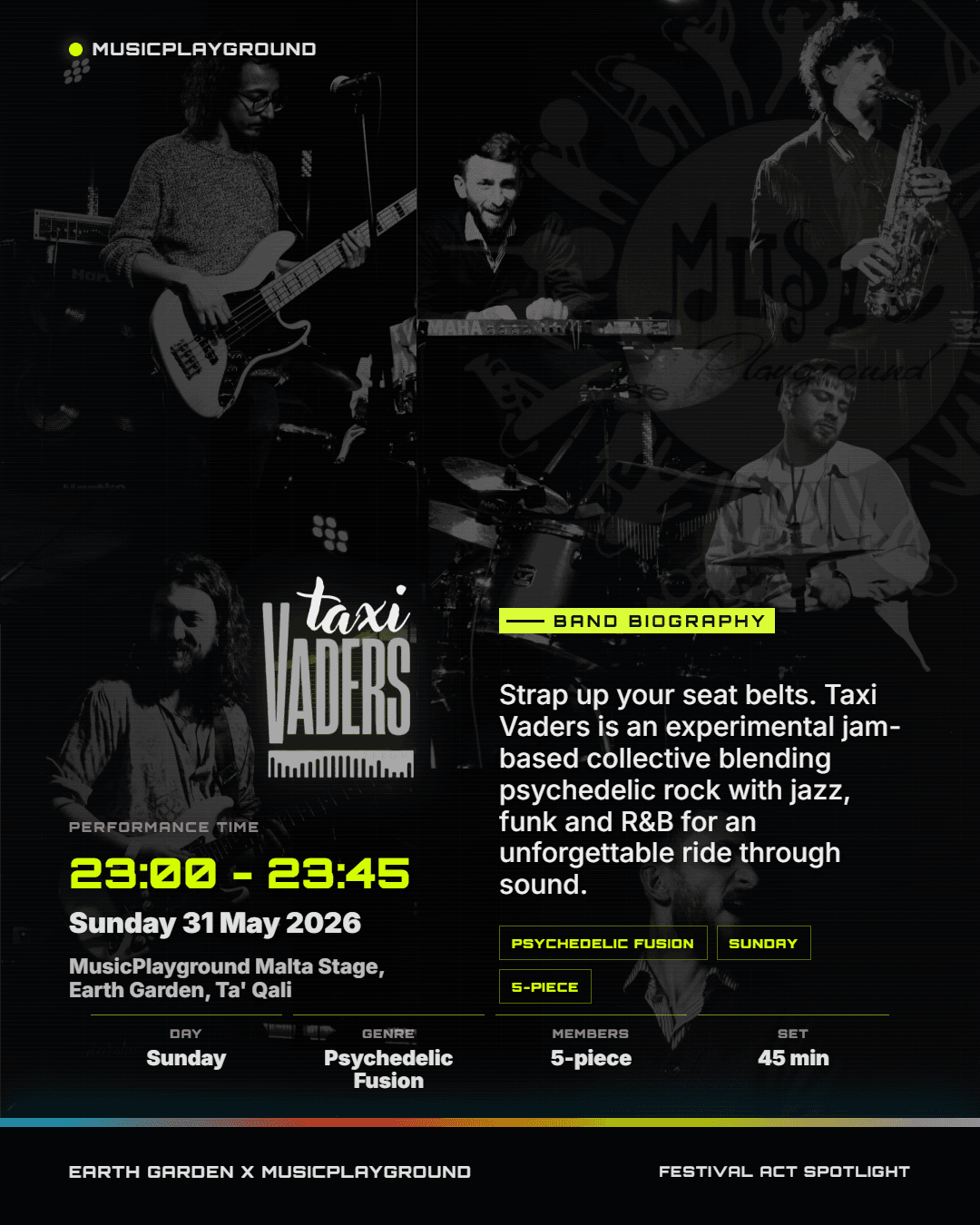 MusicPlayground — Earth Garden: Taxi Vaders. Event details slide with performance times and stage info.