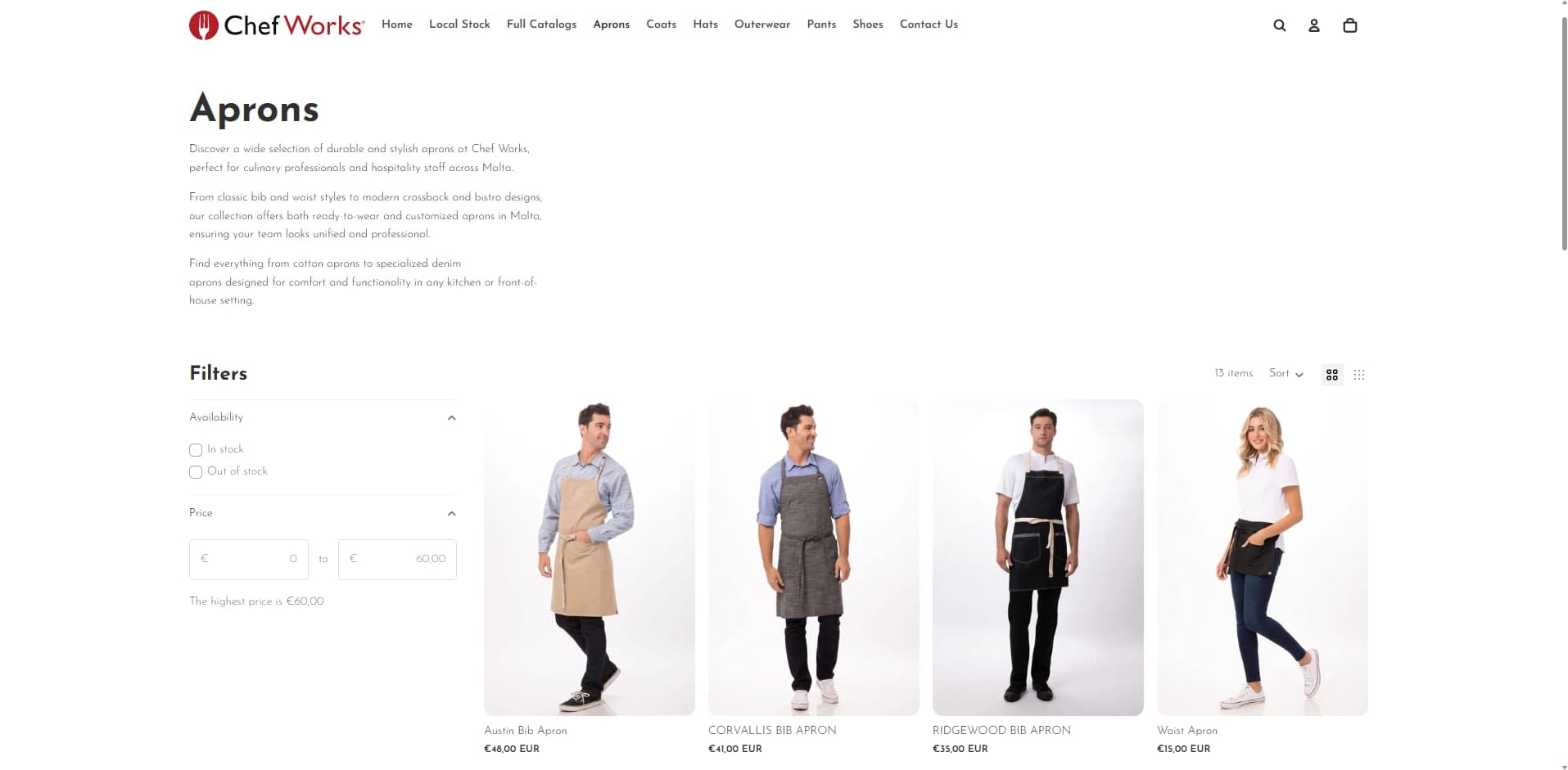 Collection display — filterable product grid with hover previews, quick-view modals, and category navigation for the full apron range.