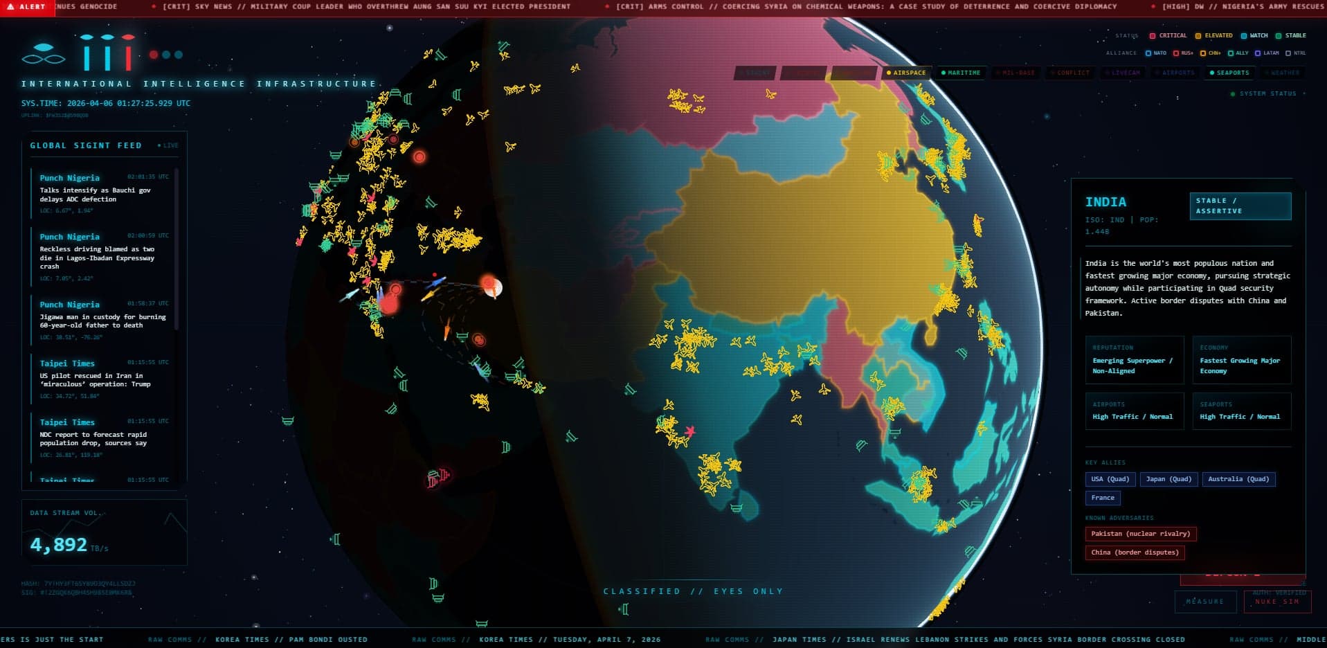 ADS-B aircraft tracking and AIS maritime vessel feeds — live transponder data from OpenSky and AISStream rendered on the globe surface.