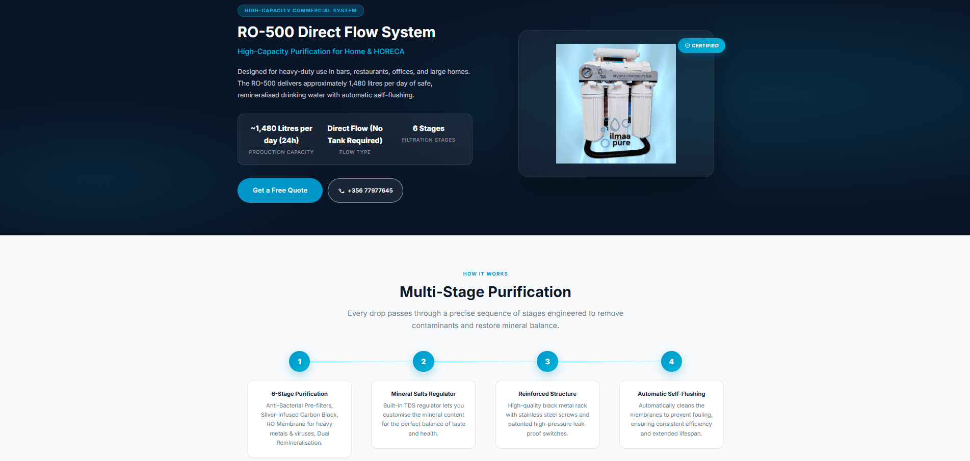 Product detail page — RO-500 Direct Flow System hero with specs, capacity stats, multi-stage purification breakdown and quote CTA.