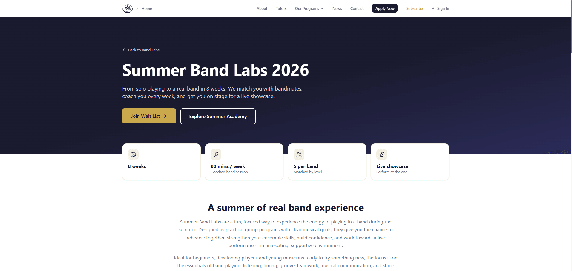 Summer Band Labs 2026 — programme detail page with structured feature breakdown and join waitlist flow.
