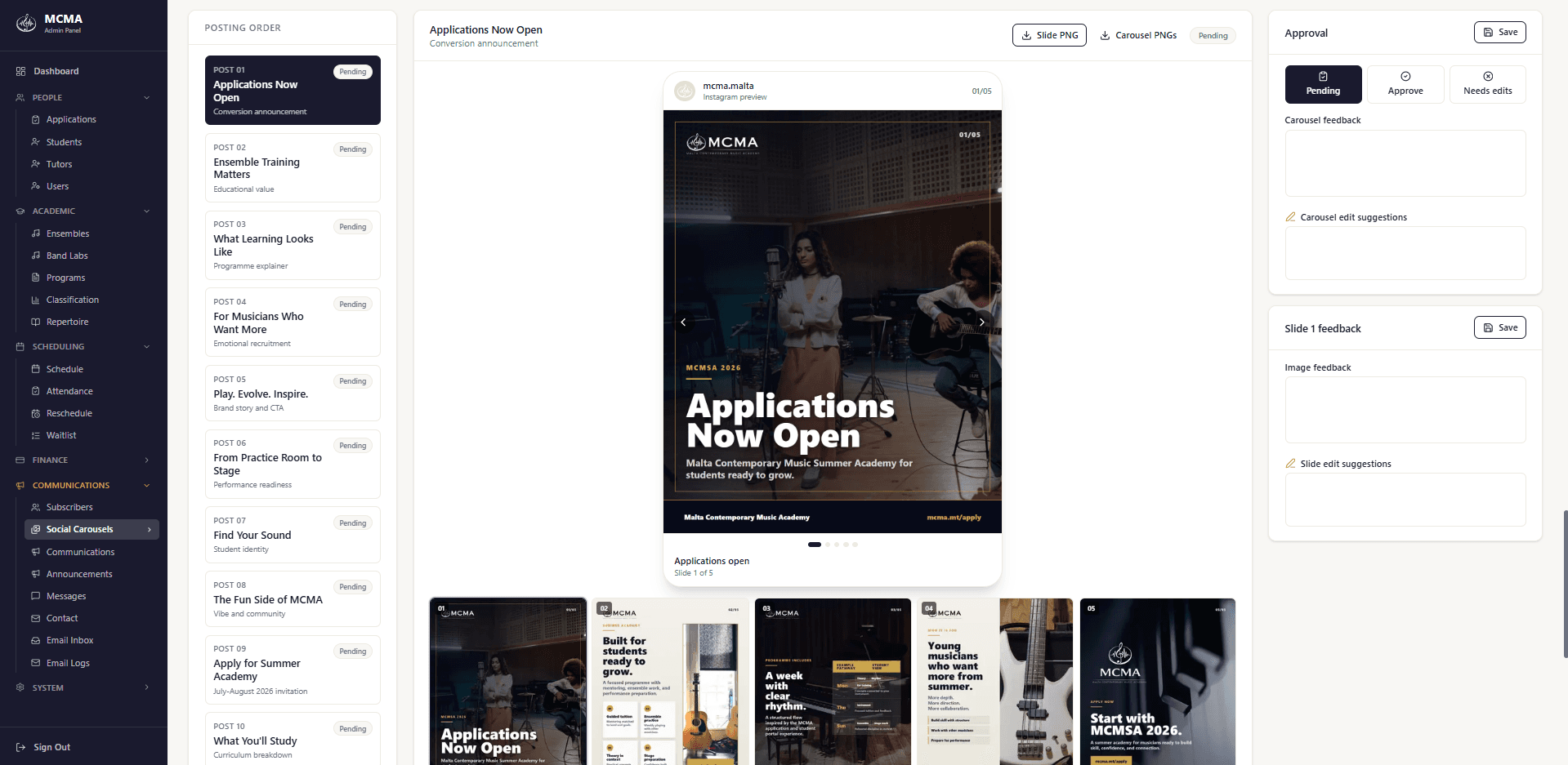 Social Carousels admin module — the Carousel Engine embedded inside the MCMA platform for auto-generating on-brand social posts.