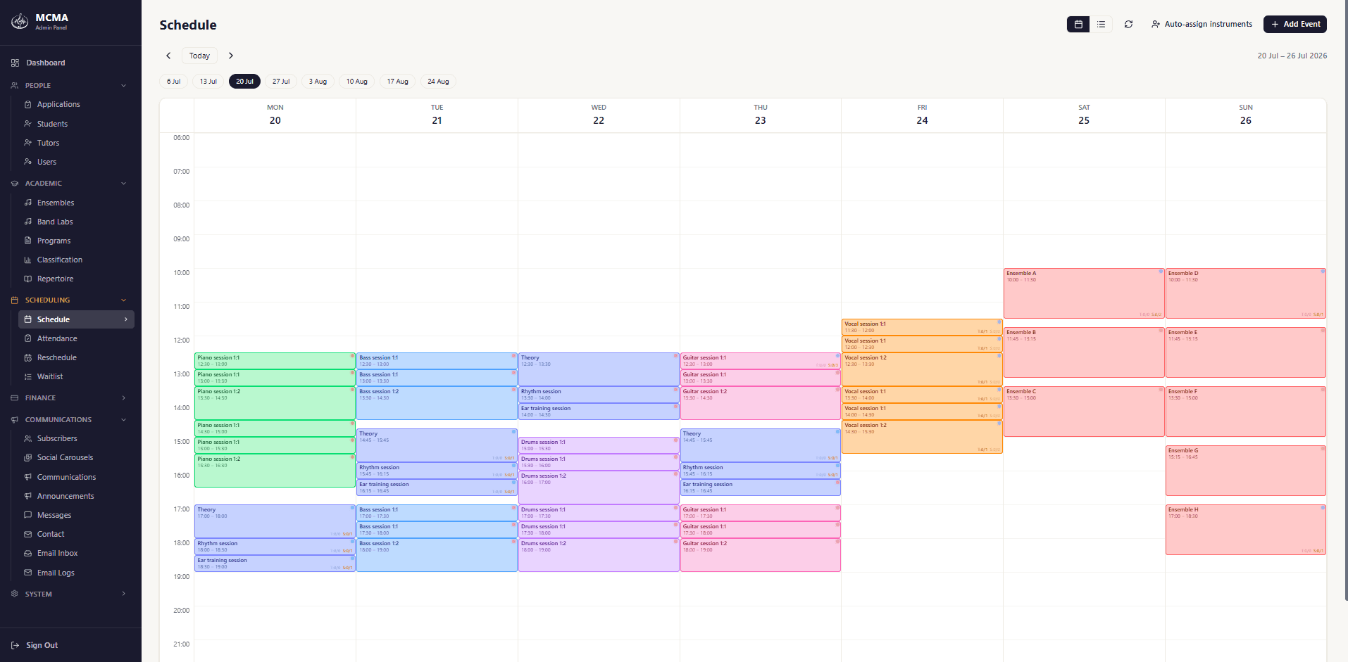 Scheduling dashboard — week-view calendar showing all lessons, ensemble sessions and coaching blocks, colour-coded by instrument group.