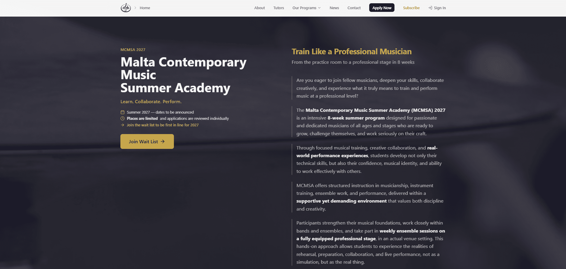 Summer Academy landing page — MCMSA 2027 programme overview with application flow and waitlist.