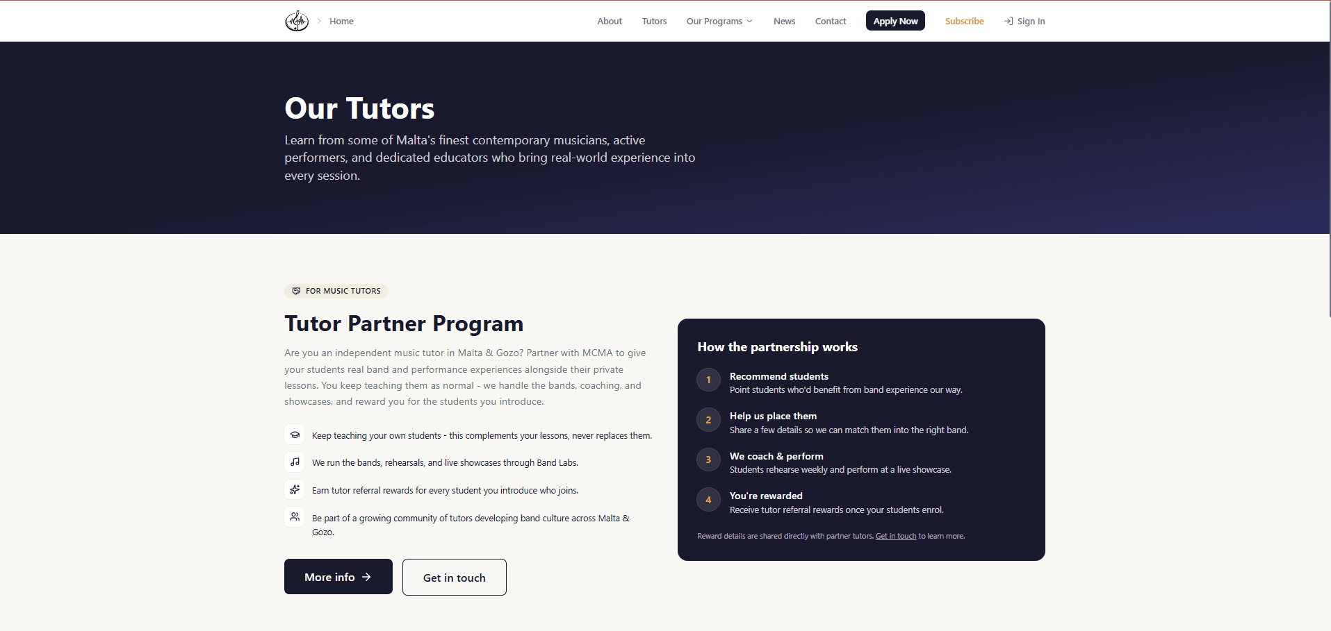 Tutors portal — public tutor directory with partner programme details and referral reward flow.