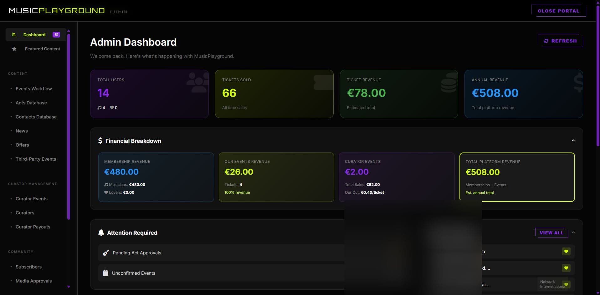 Internal admin dashboard — manage bookings, members, and operations from a single ops console.