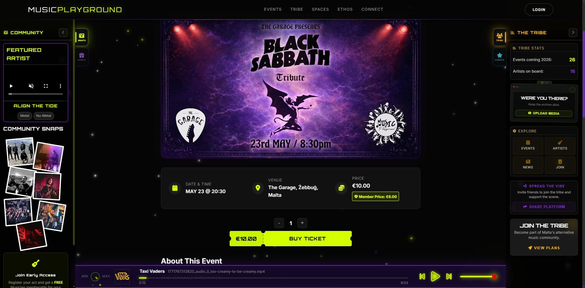 Event listings page — surfaces upcoming gigs and showcases hosted at the venue with photography and ticket links.