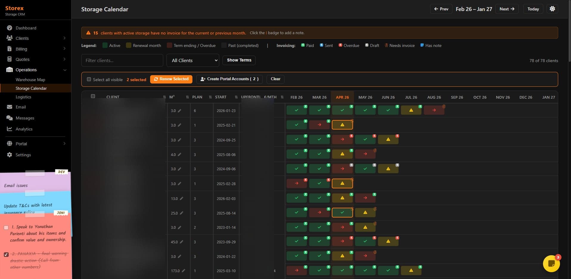 Booking and scheduling calendar — drag-and-drop reservation management with colour-coded unit types, payment status indicators, and automated reminders.