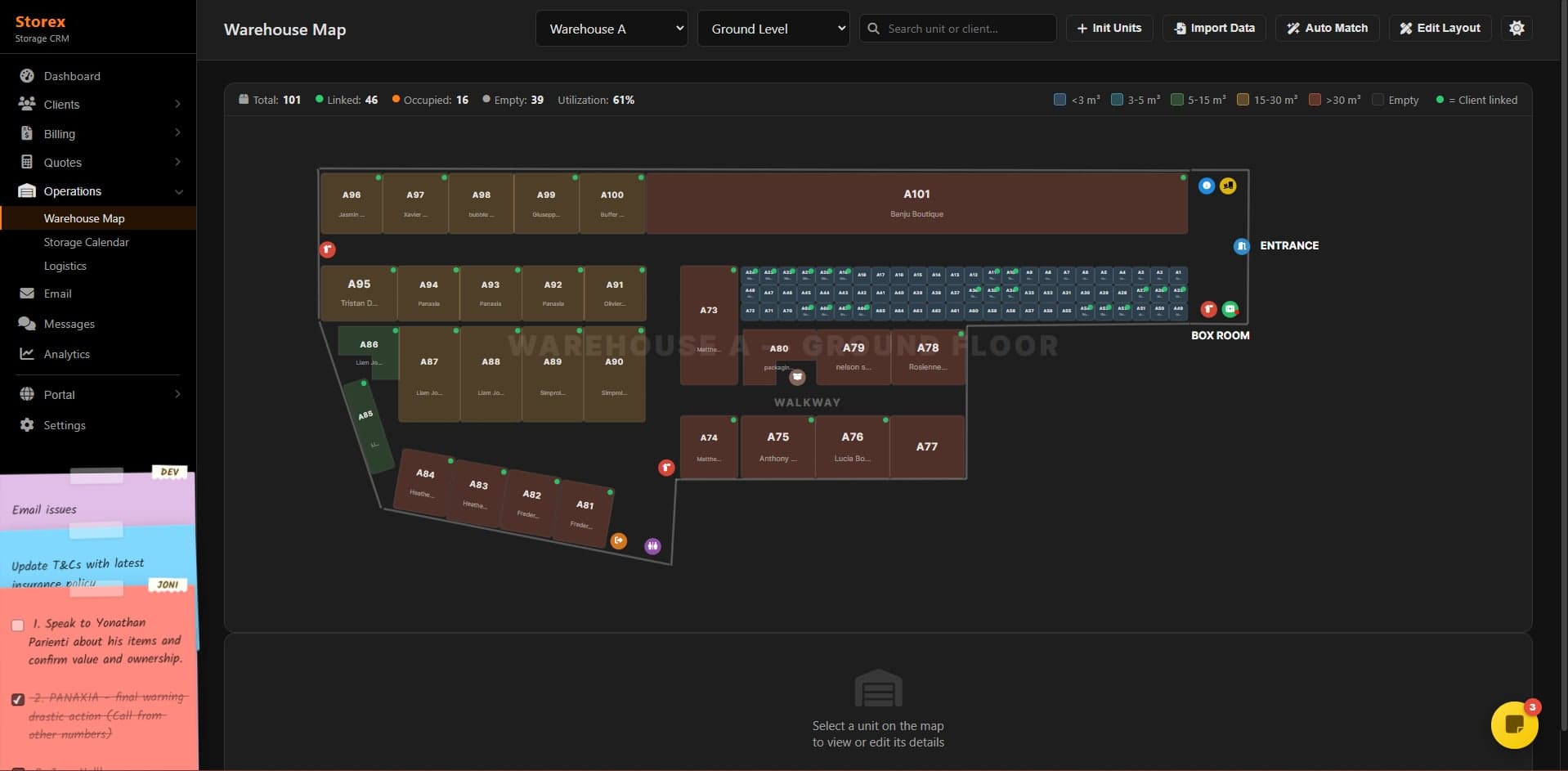 Interactive warehouse map — real-time unit availability visualised spatially. Colour-coded occupancy status lets staff manage walk-ins instantly.