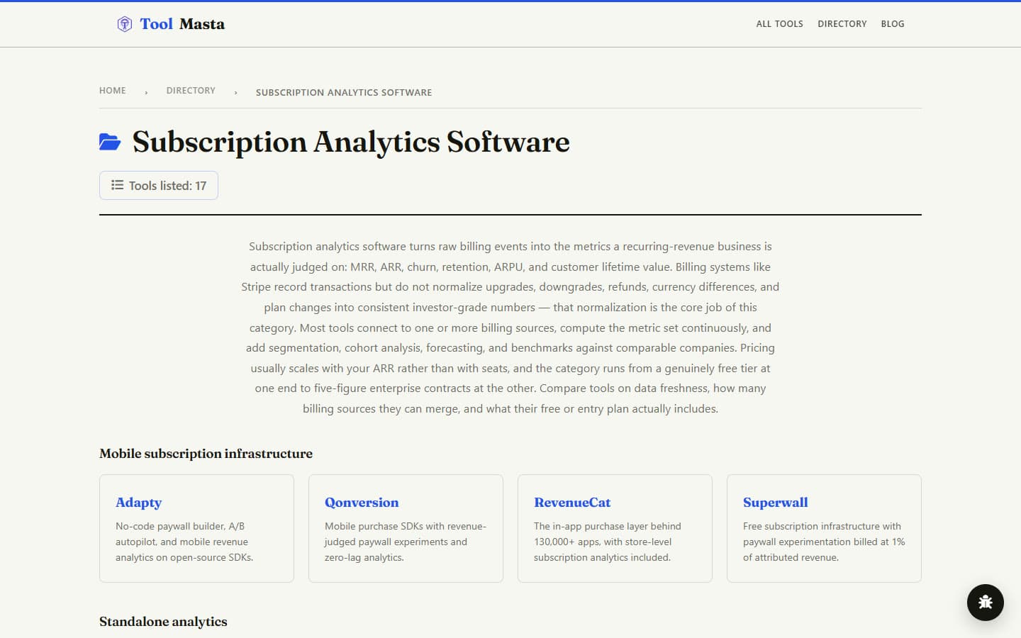 ToolMasta category page for subscription analytics software.
