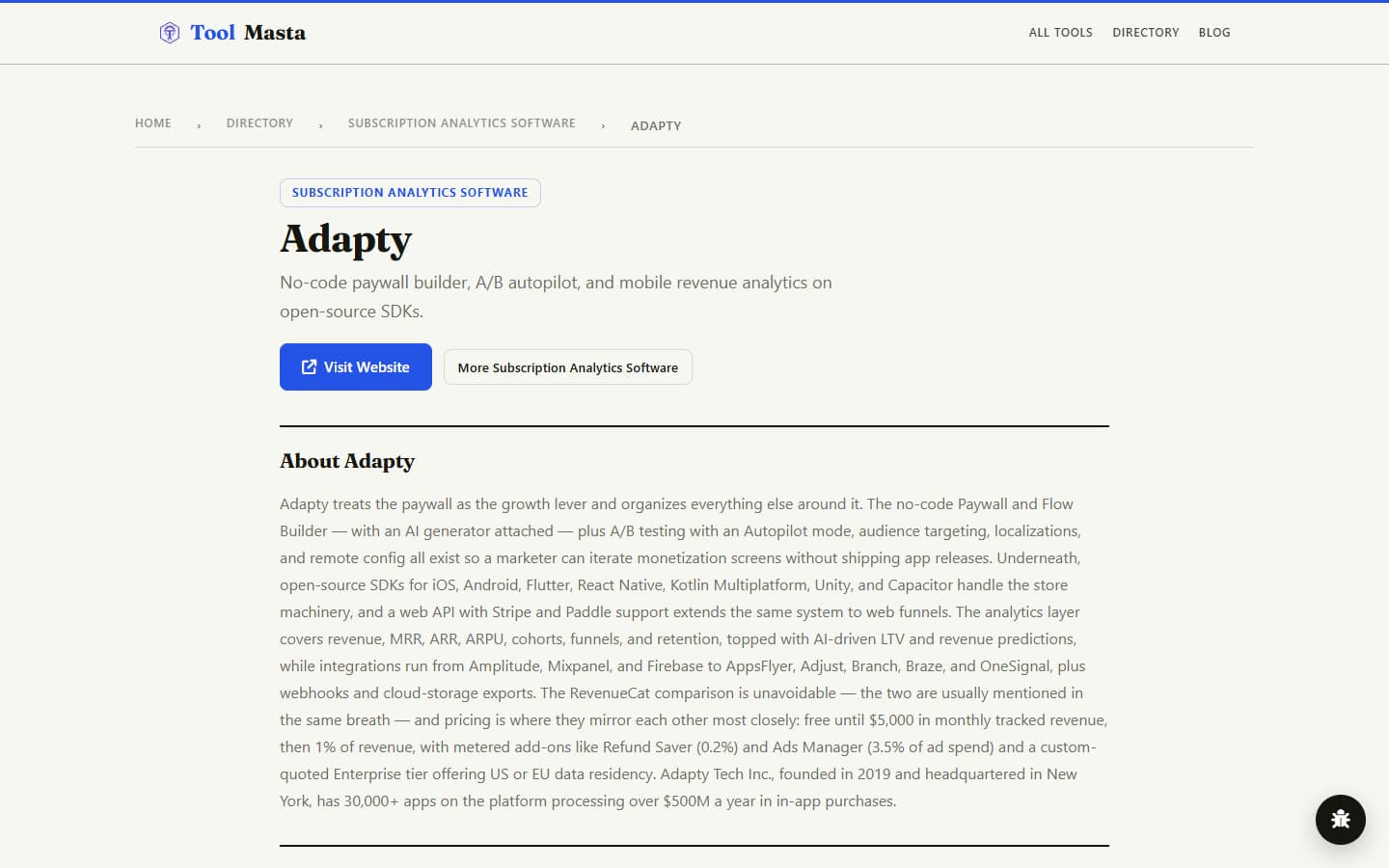 ToolMasta listing page for Adapty.