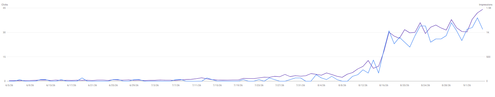 Google Search Console chart of Imagic search impressions and clicks after the SEO campaign.